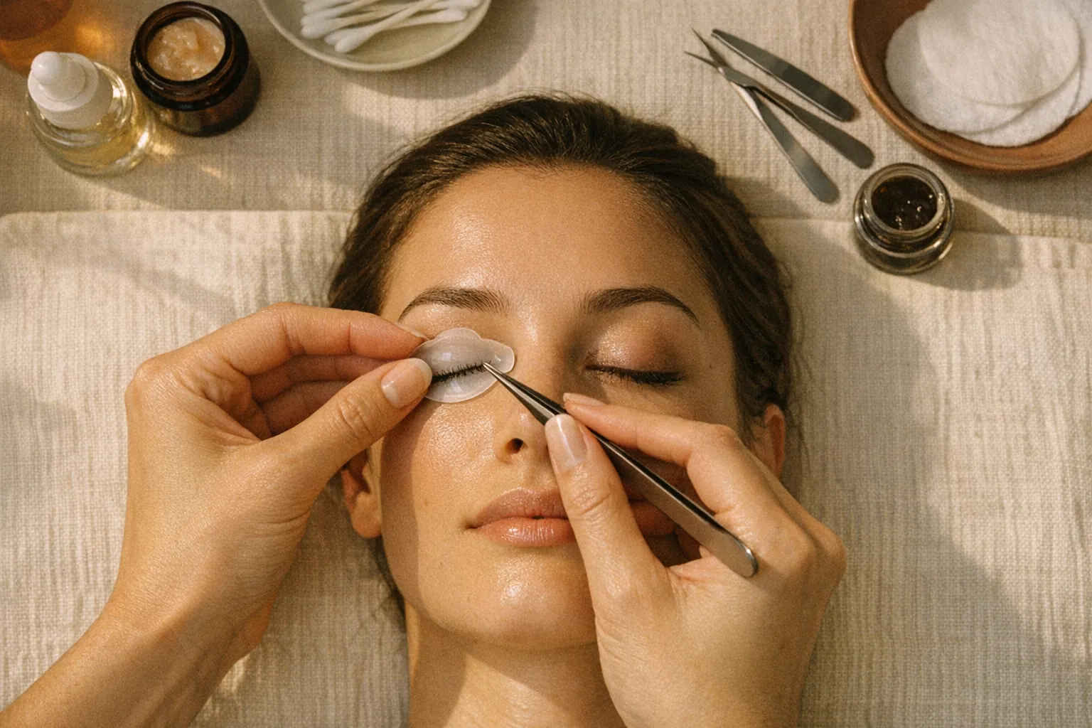 Plan technique du geste de pose lashlift, mains précises d'esthéticienne